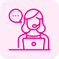 A pink icon of a woman with speech bubble.