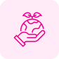 A pink icon of a hand holding an earth.